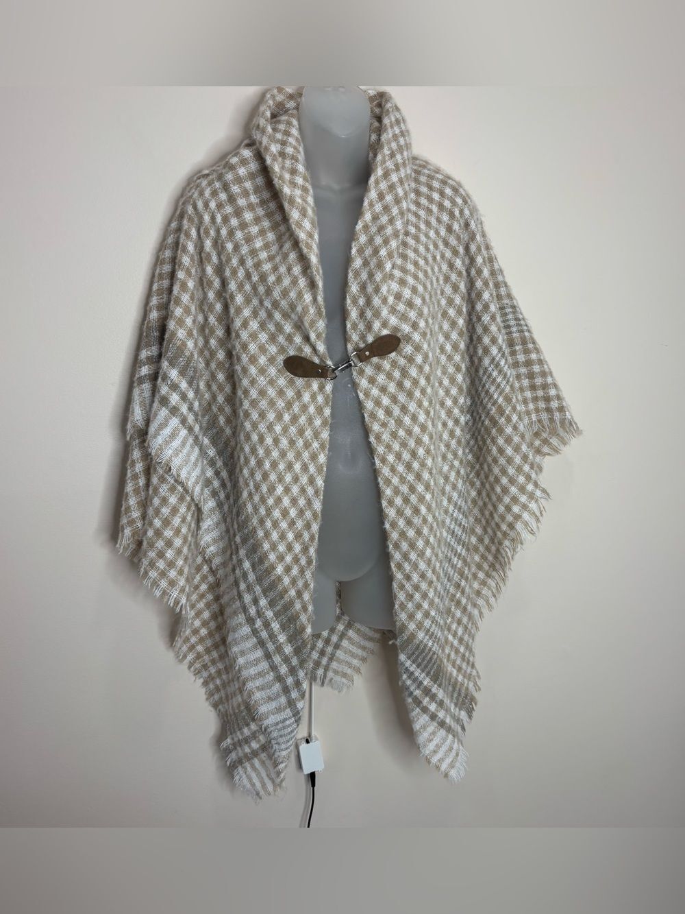 Charter Club Beige White Plaid Shawl Cape with Toggle Closure one size NWT